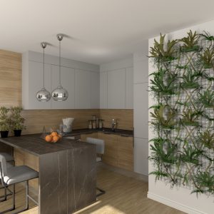 Projekt kuchni z wyspą z ciemnego kamienia i lampami wiszącymi nad blatem