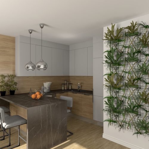 Projekt kuchni z wyspą z ciemnego kamienia i lampami wiszącymi nad blatem
