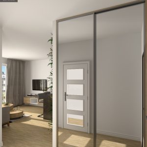 Lustrzana szafa przesuwna odbijająca salon, wizualizacja projektu