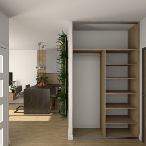 Zabudowa przedpokoju z otwartymi półkami i drzwiami w okleinie drewnianej, projekt 3D