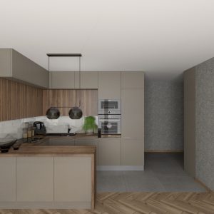 Projekt kuchni w kształcie litery U z frontami w kolorze kaszmiru i drewnianym blatem