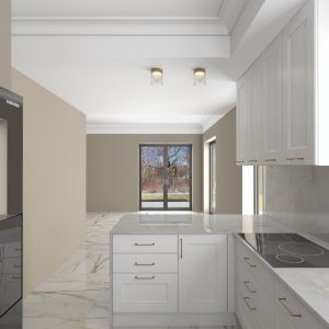 Projekt kuchni z dużą lodówką side-by-side i marmurową podłogą