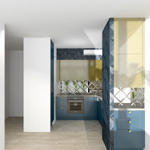 Wizualizacja granatowej kuchni z lustrzanymi płytkami nad blatem i wysoką zabudową