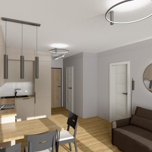 Kuchnia otwarta na salon z jasnymi frontami, stołem i lampami wiszącymi, wizualizacja