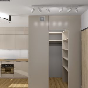 Garderoba z otwartymi półkami obok kuchni w kolorze beżu, projekt mieszkania